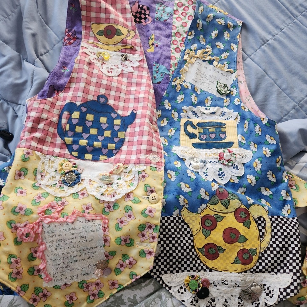 Hand Made Patchwork Granny Tea Party Quilted Vest Embellished Applique Cottage - Picture 12 of 15
